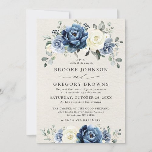 Dusty Blue Navy Champagne Ivory Floral Wedding  In Invitation