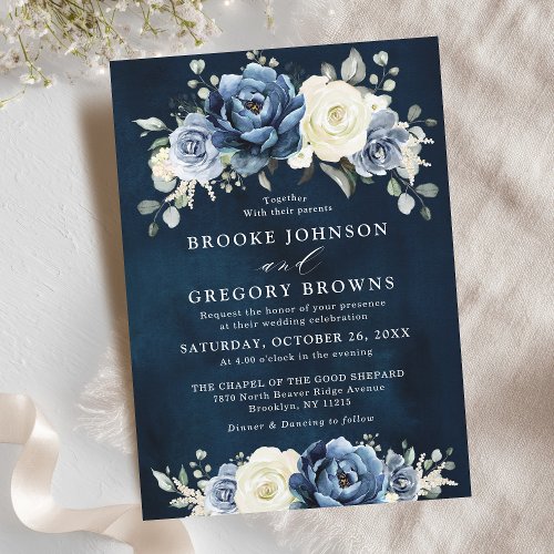Dusty Blue Navy Champagne Ivory Floral Wedding In Invitation