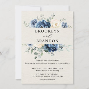 Dusty Blue Navy Champagne Ivory Floral Wedding Inv Invitation