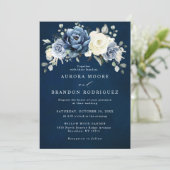 Dusty Blue Navy Champagne Ivory Floral Wedding Inv Invitation (Standing Front)
