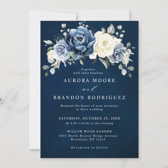 Dusty Blue Navy Champagne Ivory Floral Wedding Inv Invitation (Front)