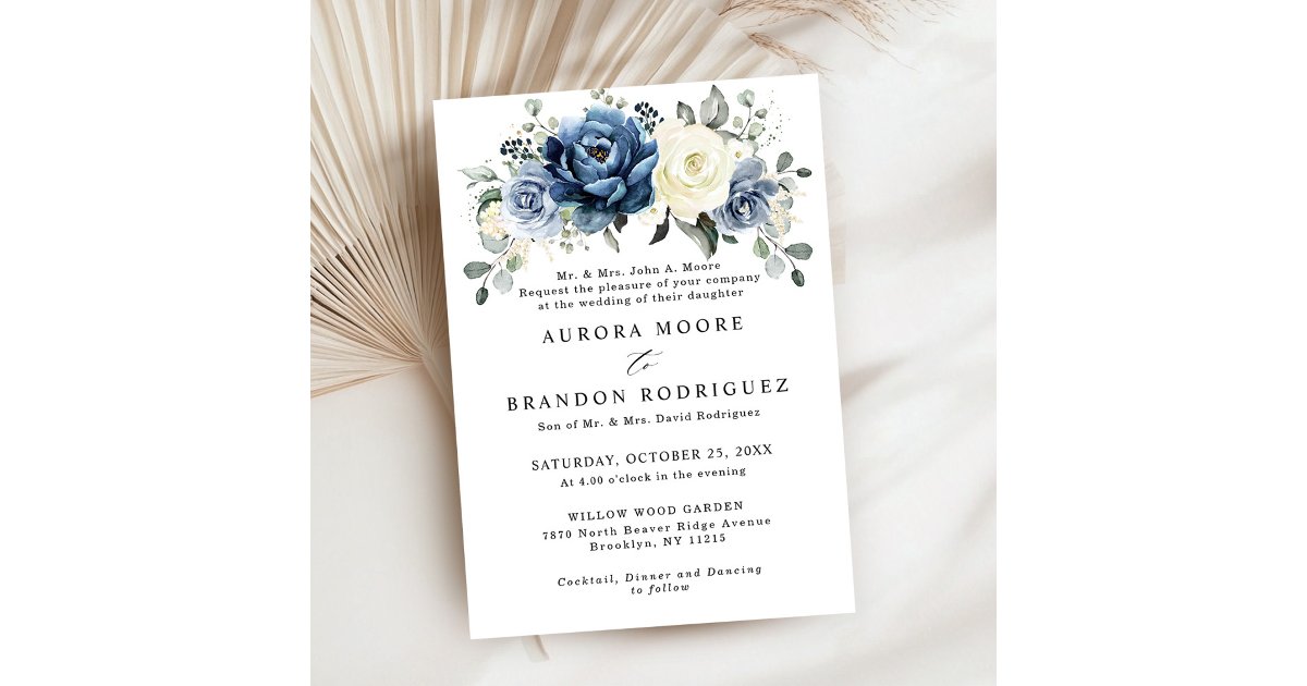 Dusty Blue Navy Champagne Ivory Floral Wedding Inv Invitation | Zazzle