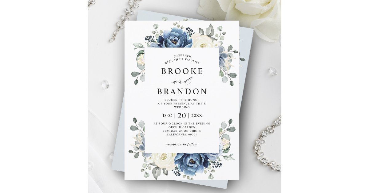 Dusty Blue Navy Champagne Ivory Floral Wedding Inv Invitation | Zazzle