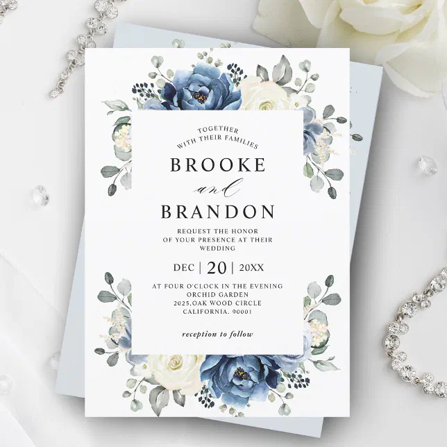 Dusty Blue Navy Champagne Ivory Floral Wedding Inv Invitation | Zazzle