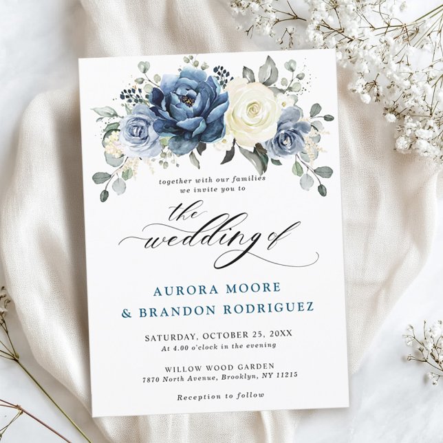 Dusty Blue Navy Champagne Ivory Floral Wedding Inv Invitation (Dusty Blue Navy Champagne Ivory Floral Wedding Invitation)