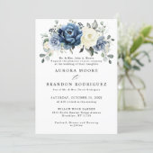 Dusty Blue Navy Champagne Ivory Floral Wedding Inv Invitation (Standing Front)