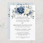 Dusty Blue Navy Champagne Ivory Floral Wedding Inv Invitation (Front/Back)