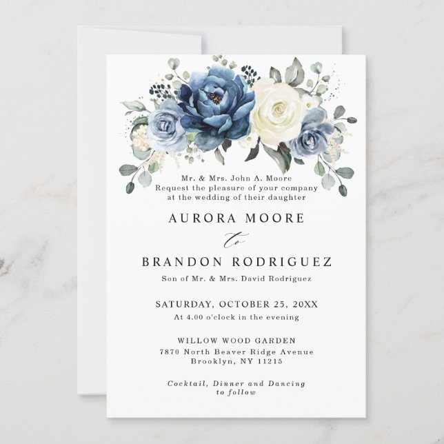 Dusty Blue Navy Champagne Ivory Floral Wedding Inv Invitation (Front)