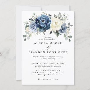 Dusty Blue Navy Champagne Ivory Floral Wedding Inv Invitation
