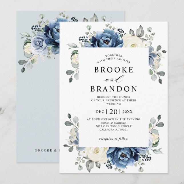 Dusty Blue Navy Champagne Ivory Floral Wedding Inv Invitation | Zazzle