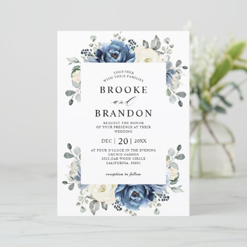 Dusty Blue Navy Champagne Ivory Floral Wedding Inv Invitation | Zazzle