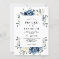Dusty Blue Navy Champagne Ivory Floral Wedding Inv Invitation