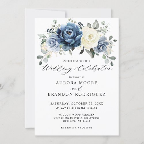 Dusty Blue Navy Champagne Ivory Floral Wedding Inv Invitation