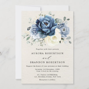 Dusty Blue Navy Champagne Ivory Floral Wedding Inv Invitation