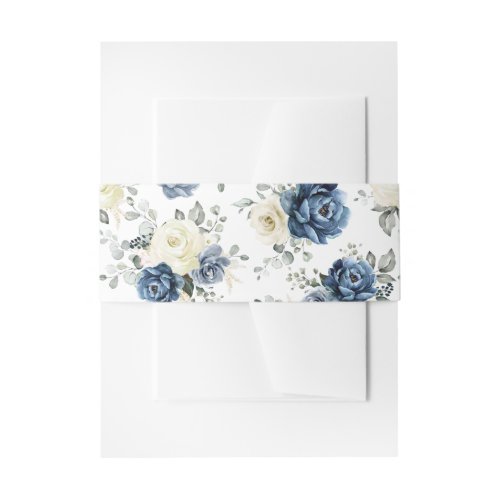 Dusty Blue Navy Champagne Ivory Floral Wedding Inv Invitation Belly Band