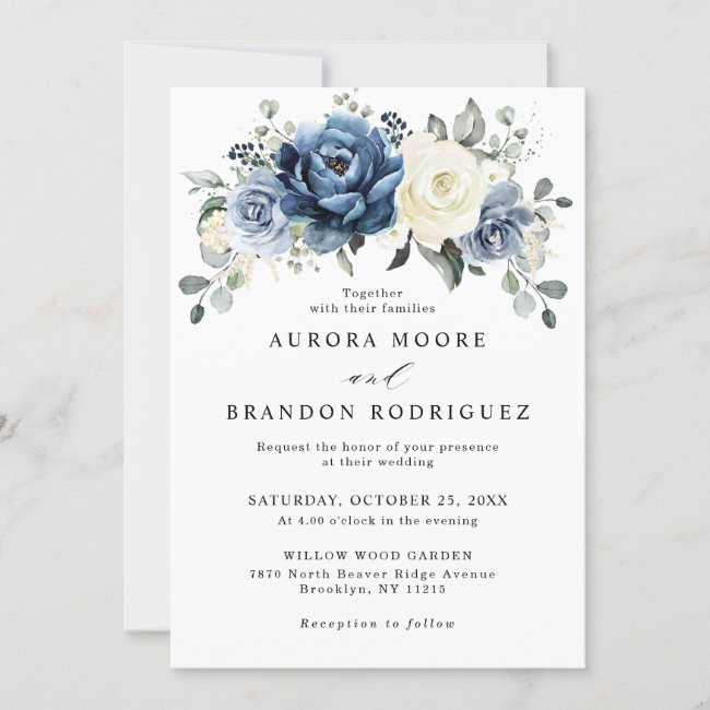 Dusty Blue Navy Champagne Ivory Floral Wedding Invitation