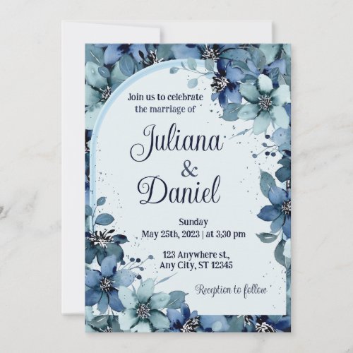 Dusty Blue Navy Champagne Ivory Floral Wedding  Invitation