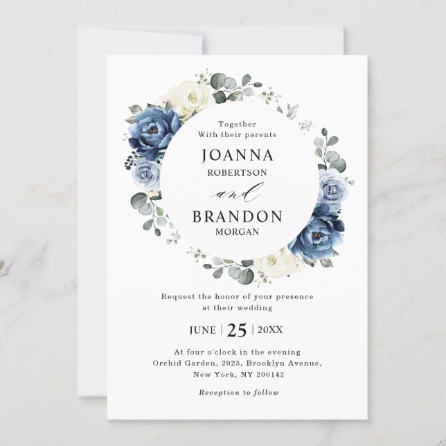Dusty Blue Navy Champagne Ivory Floral Wedding Invitation (Front)