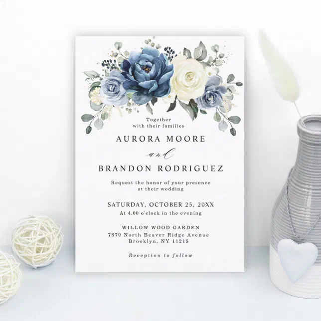 Dusty Blue Navy Champagne Ivory Floral Wedding Invitation | Zazzle