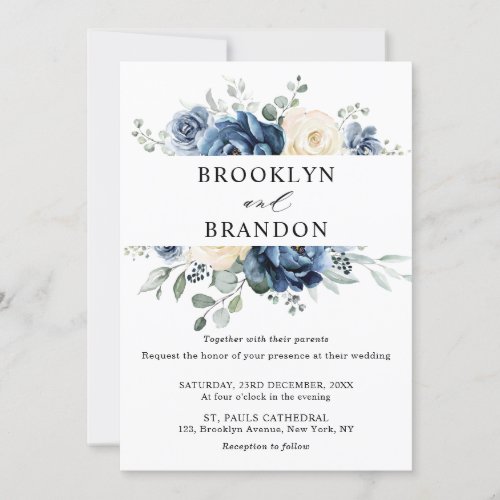 Dusty Blue Navy Champagne Ivory Floral Wedding Invitation