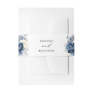 Dusty Blue Navy Champagne Ivory Floral Wedding Invitation Belly Band