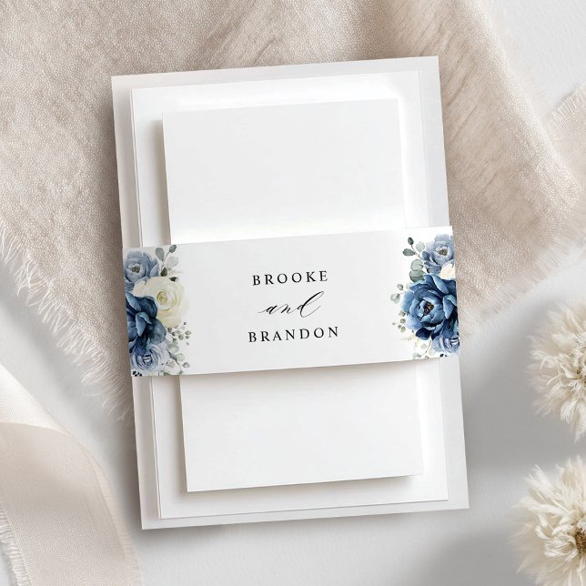 Dusty Blue Navy Champagne Ivory Floral Wedding Invitation Belly Band (Dusty Blue Navy Champagne Ivory Floral Wedding Invitation Belly Band)