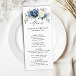 Dusty Blue Navy Champagne Ivory Floral Wedding Menu<br><div class="desc">Dusty blue floral wedding menu featuring elegant bouquet of navy blue, royal blue , white , gold, champagne ivory, blush color rose , ranunculus flower buds and sage green eucalyptus leaves and elegant watercolor bouquet. Please contact me for any help in customization or if you need any other product with...</div>