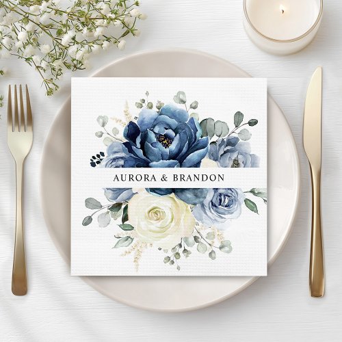 Dusty Blue Navy Champagne Ivory Floral Wedding Napkins