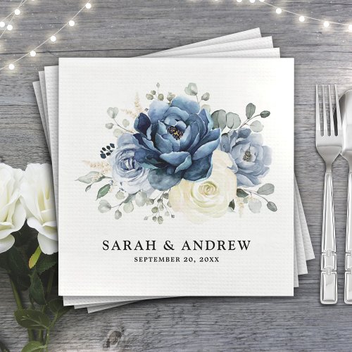 Dusty Blue Navy Champagne Ivory Floral Wedding Napkins
