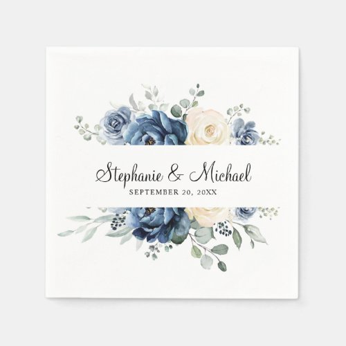 Dusty Blue Navy Champagne Ivory Floral Wedding Napkins