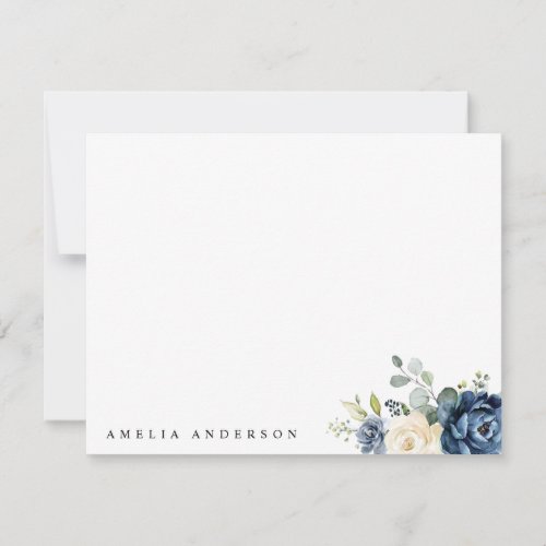 Dusty Blue Navy Champagne Ivory Floral Wedding Note Card