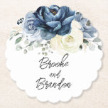 Dusty Blue Navy Champagne Ivory Floral Wedding Pap Paper Coaster<br><div class="desc">Dusty blue floral wedding paper coaster featuring elegant bouquet of navy blue, royal blue , white , gold, champagne ivory, blush color rose , ranunculus flower buds and sage green eucalyptus leaves and elegant watercolor bouquet. Please contact me for any help in customization or if you need any other product...</div>