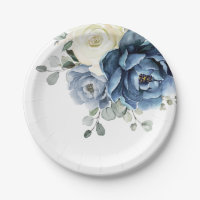 Dusty Blue Navy Champagne Ivory Floral Wedding Pap Paper Plates