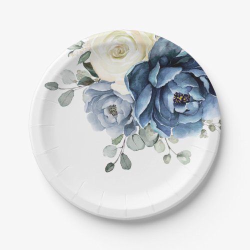 Dusty Blue Navy Champagne Ivory Floral Wedding Pap Paper Plates