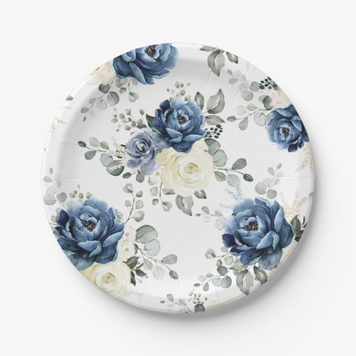 Dusty Blue Navy Champagne Ivory Floral Wedding Pap Paper Plates