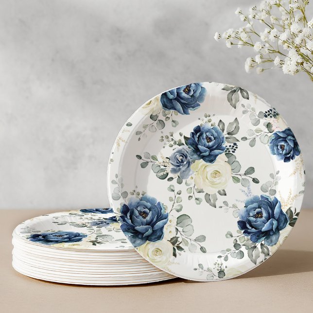 Dusty Blue Navy Champagne Ivory Floral Wedding Pap Paper Plates (Dusty Blue Navy Champagne Ivory Floral Wedding Pap Paper Plates)