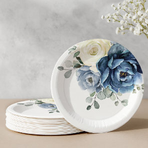 Dusty Blue Navy Champagne Ivory Floral Wedding Pap Paper Plates