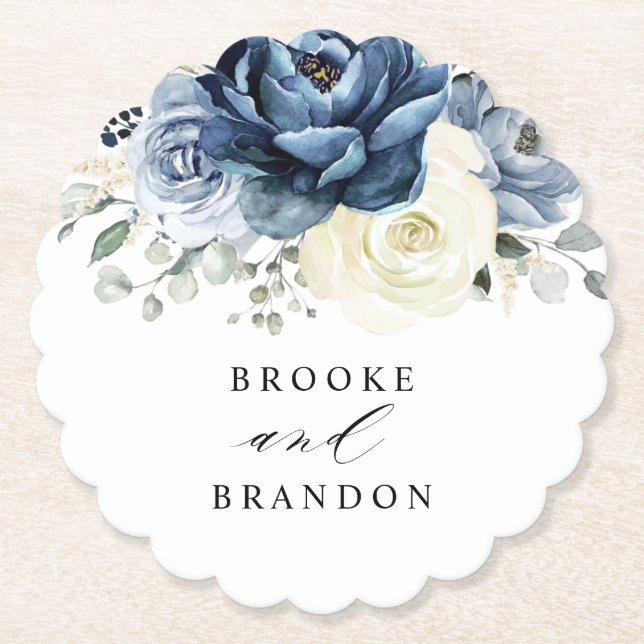 Dusty Blue Navy Champagne Ivory Floral Wedding Paper Coaster (Front)