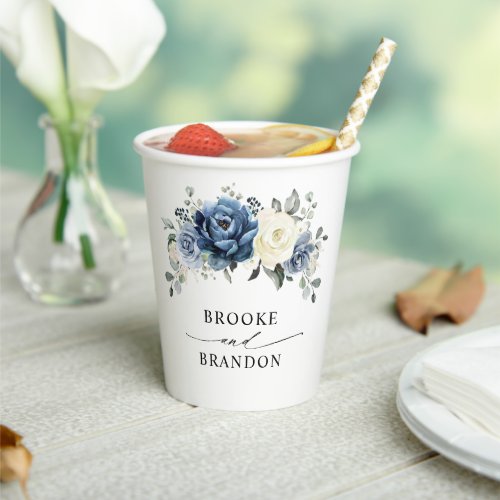 Dusty Blue Navy Champagne Ivory Floral Wedding Paper Cups