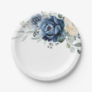Dusty Blue Navy Champagne Ivory Floral Wedding Paper Plates