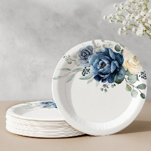 Dusty Blue Navy Champagne Ivory Floral Wedding Paper Plates