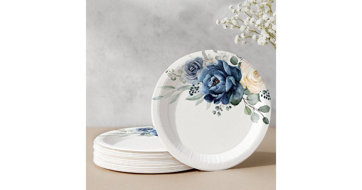Dusty Blue Navy Champagne Ivory Floral Wedding Paper Plates | Zazzle