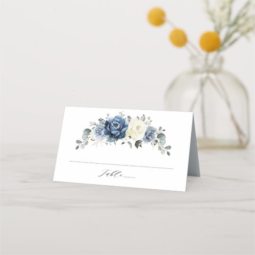 Dusty Blue Navy Champagne Ivory Floral Wedding Place Card