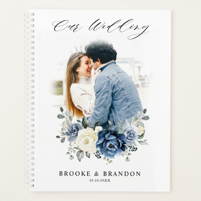 Dusty Blue Navy Champagne Ivory Floral Wedding Planner (Front)