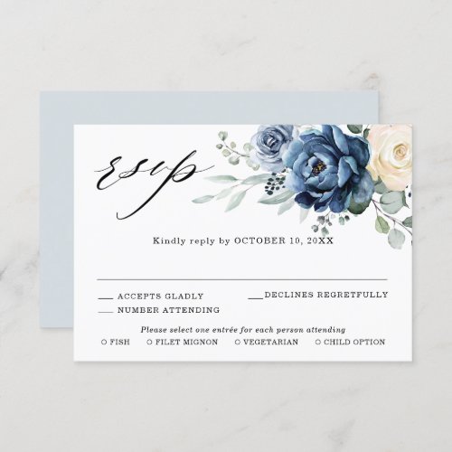 Dusty Blue Navy Champagne Ivory Floral Wedding RSV RSVP Card