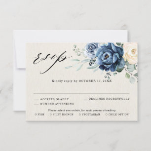 Dusty Blue Navy Champagne Ivory Floral Wedding RSV RSVP Card