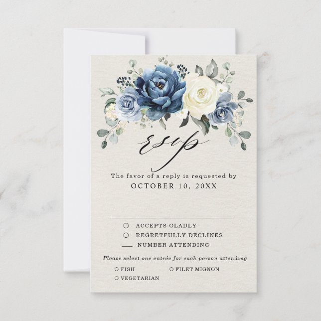 Dusty Blue Navy Champagne Ivory Floral Wedding RSV RSVP Card (Front)