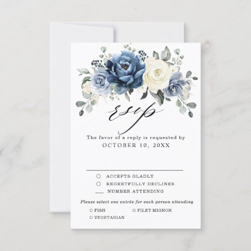 Dusty Blue Navy Champagne Ivory Floral Wedding RSV RSVP Card