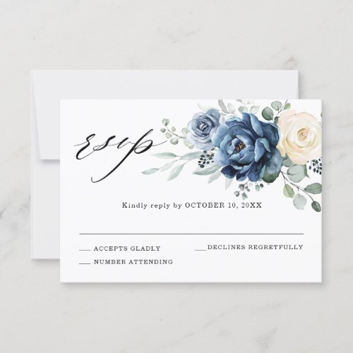 Dusty Blue Navy Champagne Ivory Floral Wedding RSVP Card