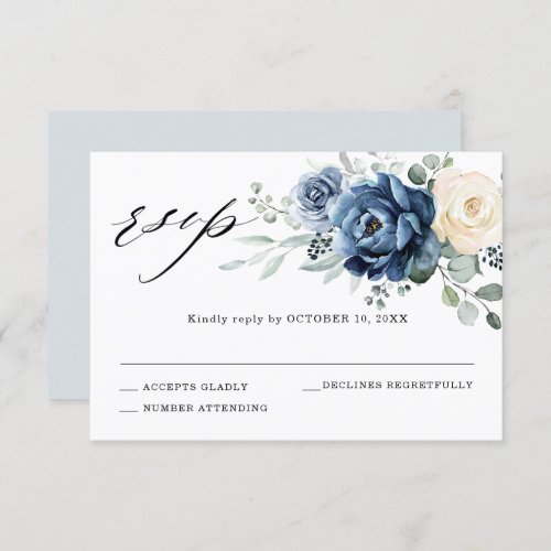 Dusty Blue Navy Champagne Ivory Floral Wedding RSVP Card